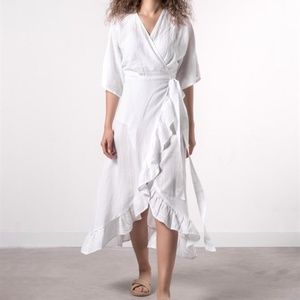Frilled Linen Wrap Dress
